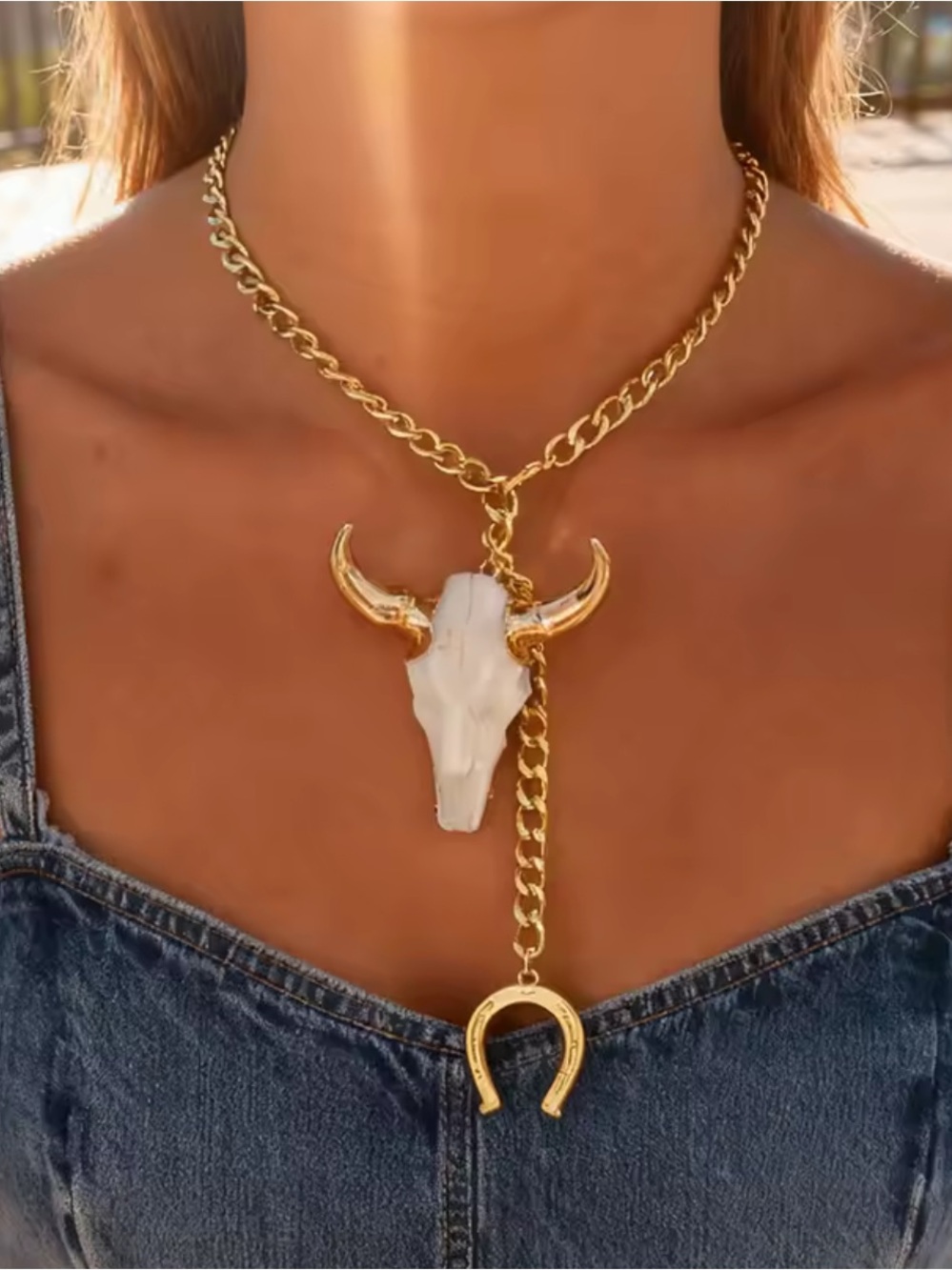 Western Longhorn Skull Horseshoe Pendant Necklace